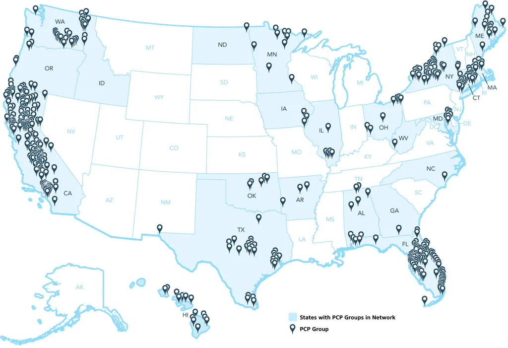 Map of the United States with pins indicating PCP groups